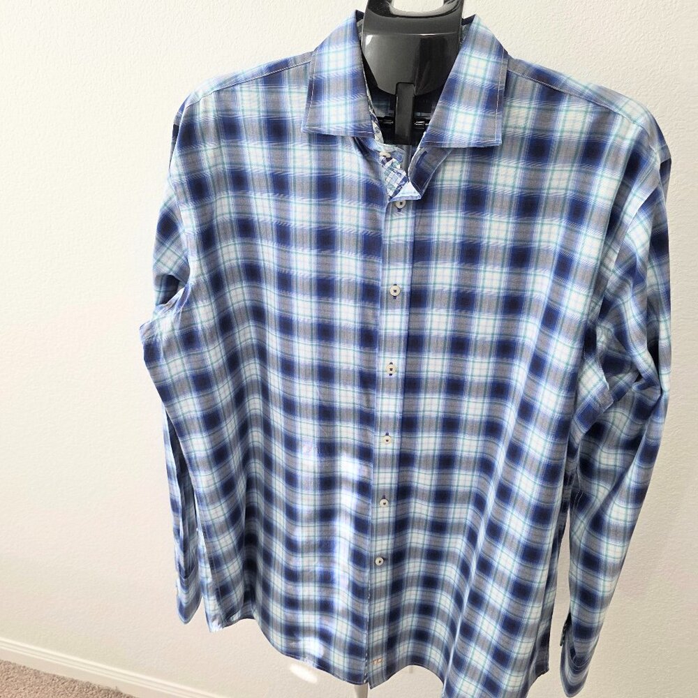 TD THOMAS DEAN MENS XL 100% PIMA COTTON BLUE GRAY GREEN WHITE PLAID LONG SLEEVE